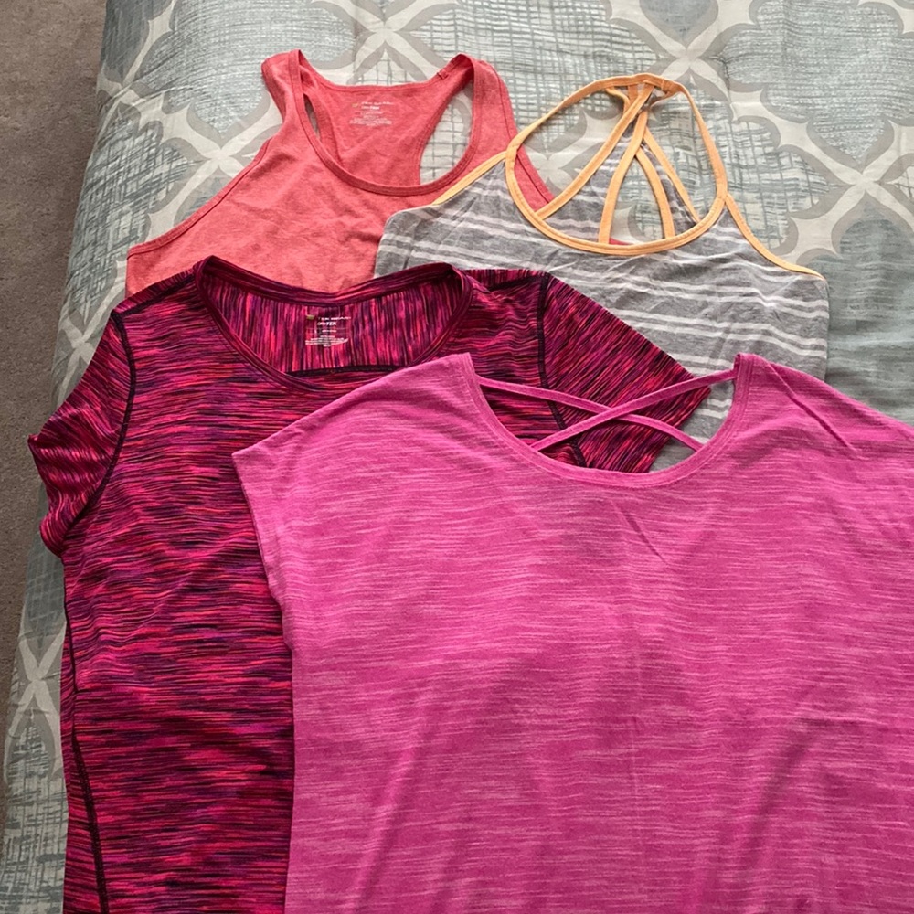 Bundle of 4 work out tops, two tank, two short sleeve